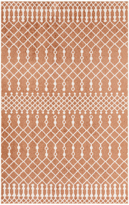 Terracotta-orange rug with white geometric lattice, tassel-border motif, rectangular decorative floor rug.