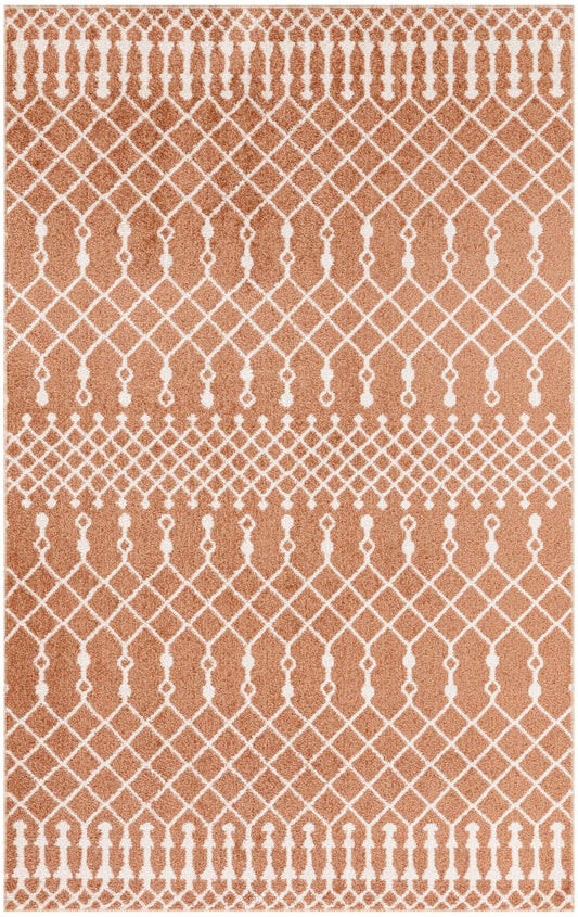 Terracotta-orange rug with white geometric lattice, tassel-border motif, rectangular decorative floor rug.