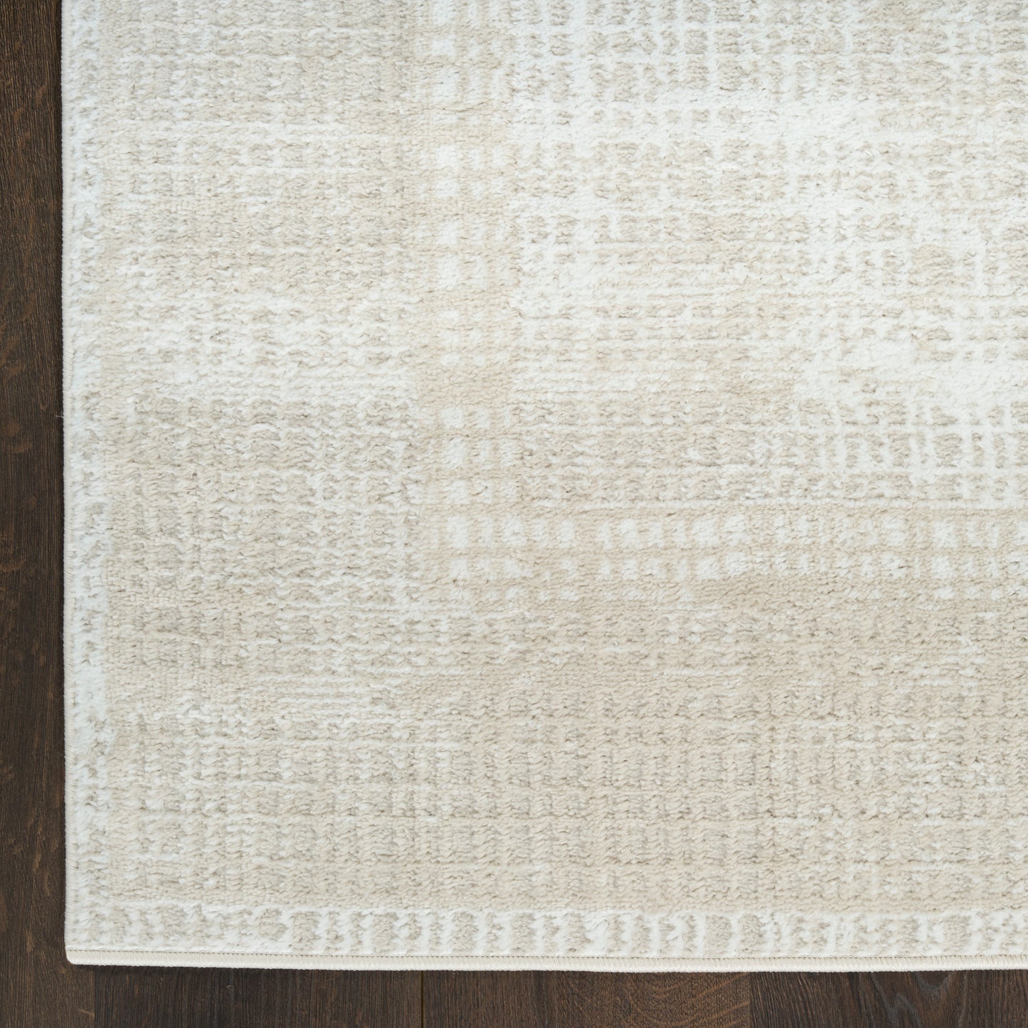 Beige rectangular area rug with a subtle cream pattern and pale border on dark wooden floor.