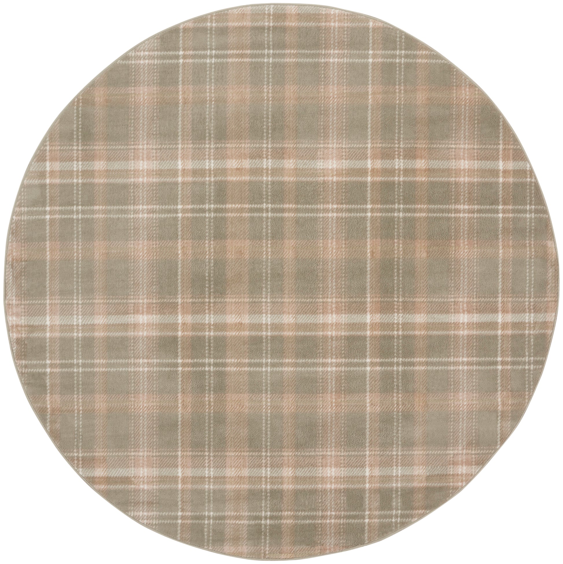 Round woven plaid fabric swatch in beige, taupe and gray with thin white lines.