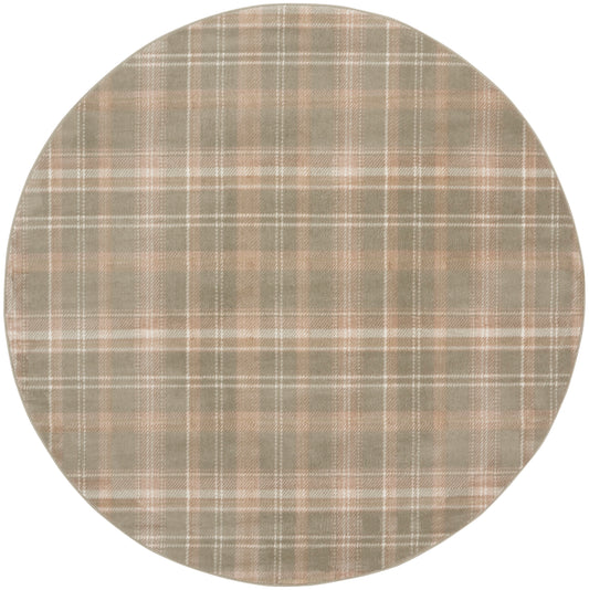 Round woven plaid fabric swatch in beige, taupe and gray with thin white lines.