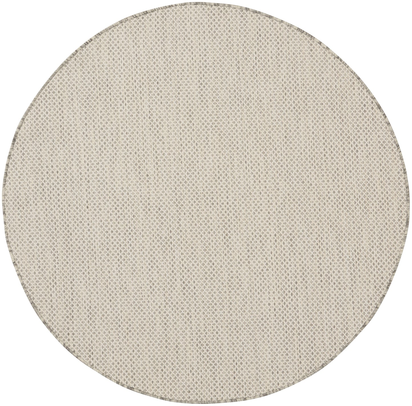 Round beige woven rug with natural fiber texture; neutral floor decor for living spaces.