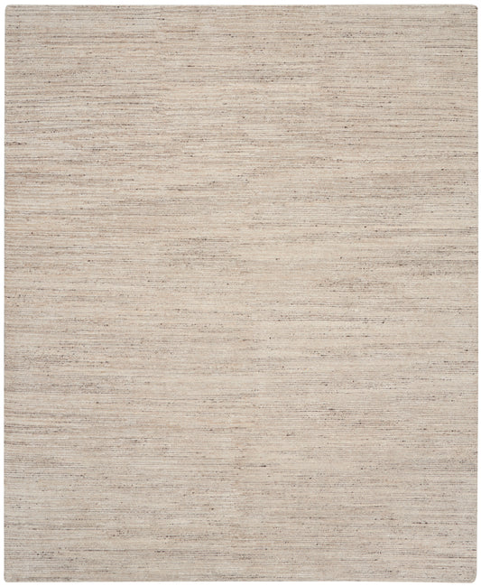 Beige textured rectangular rug with subtle horizontal striations for a modern, neutral decor.