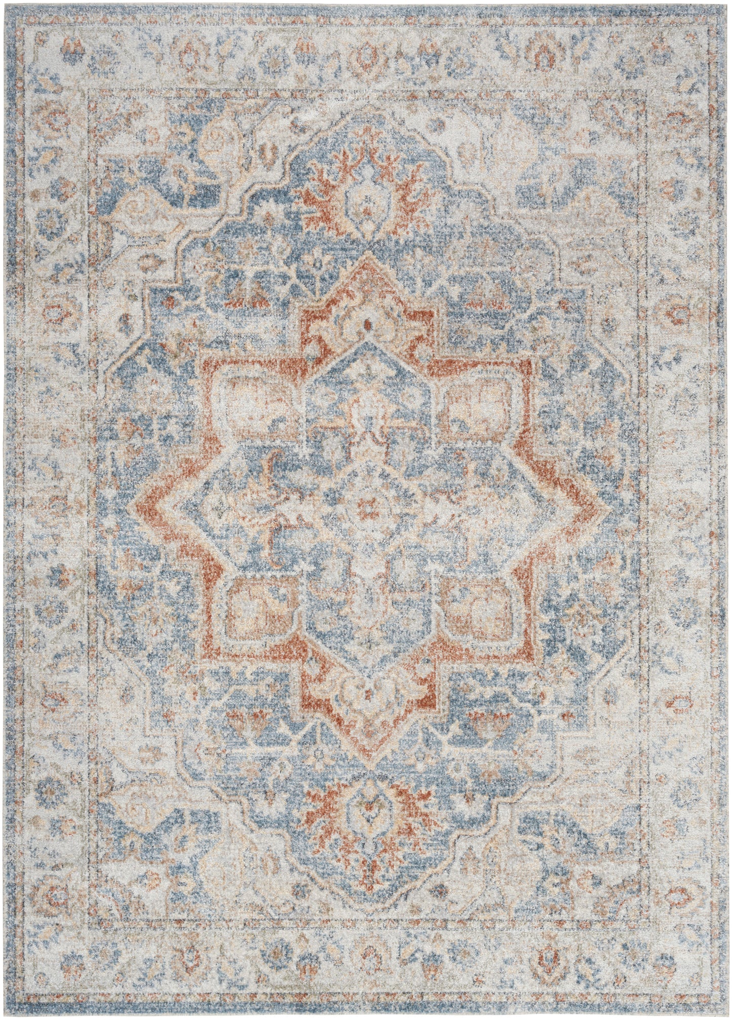 Distressed vintage-style Persian-inspired area rug in blue, ivory and rust with a central ornate medallion and border.