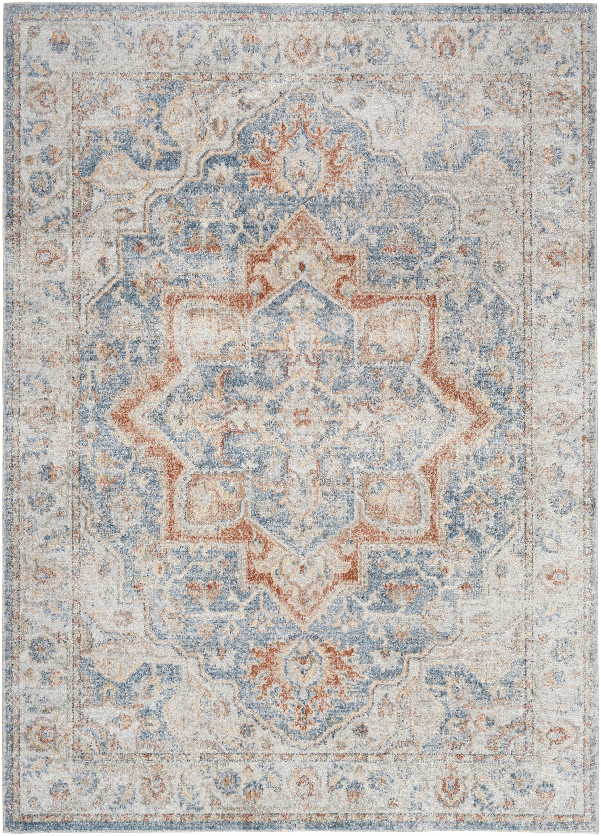 Distressed vintage-style Persian-inspired area rug in blue, ivory and rust with a central ornate medallion and border.