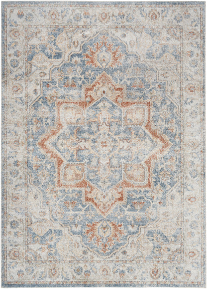 Distressed vintage-style Persian-inspired area rug in blue, ivory and rust with a central ornate medallion and border.