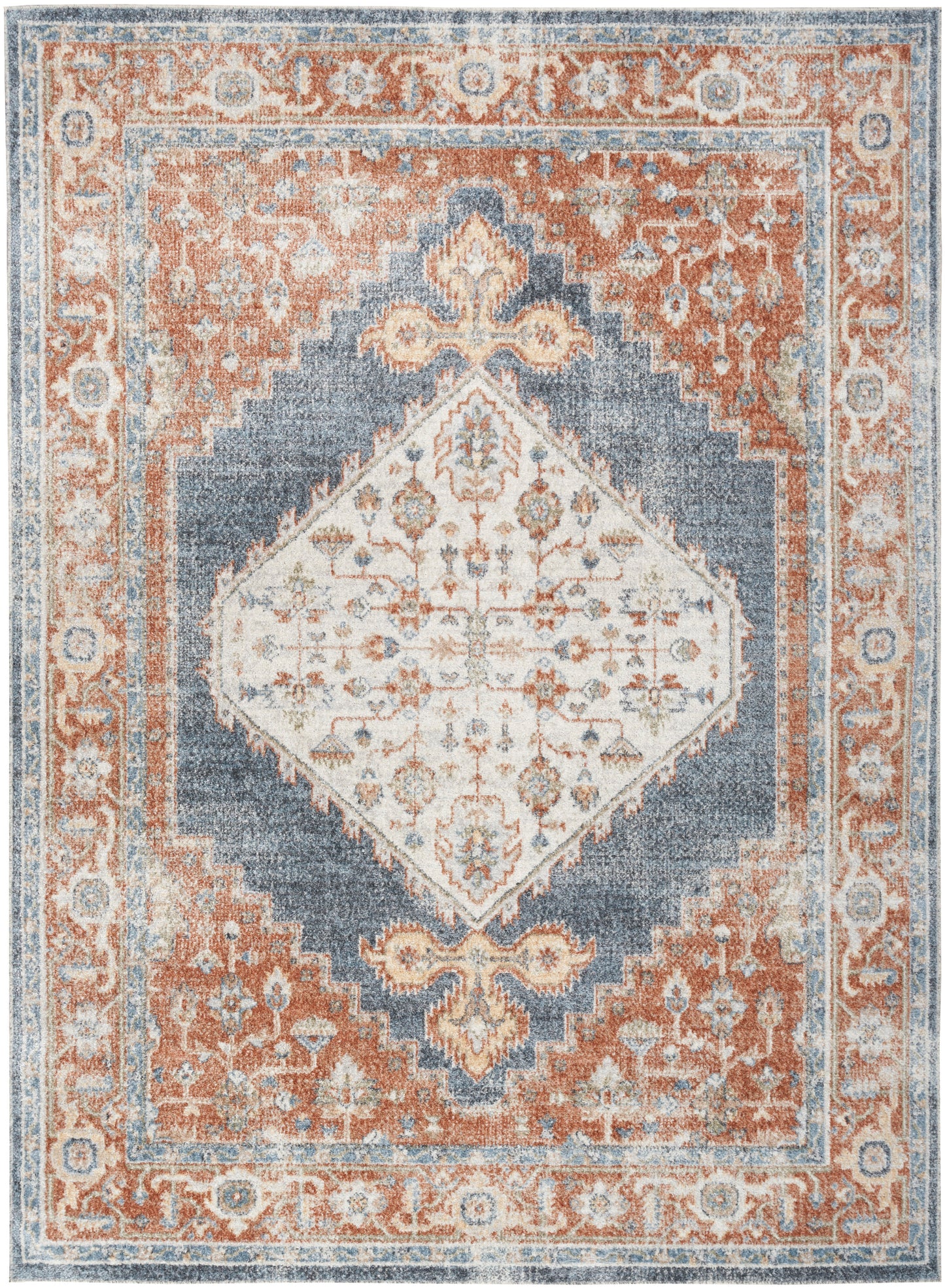 Persian-style area rug with ivory central diamond medallion, blue field, and burnt-orange floral border.