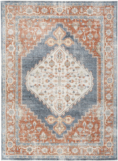 Persian-style area rug with ivory central diamond medallion, blue field, and burnt-orange floral border.
