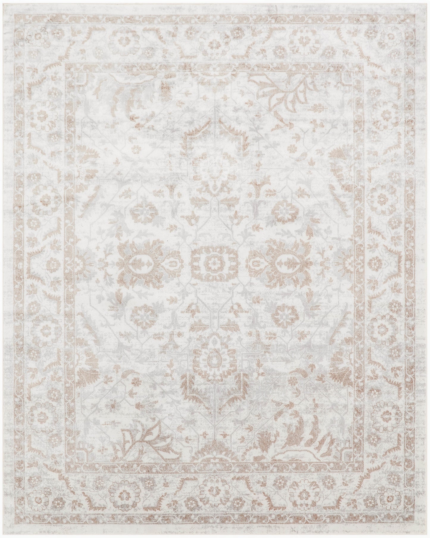 Cream and beige oriental rug with faded floral medallion and double border; vintage distressed look.