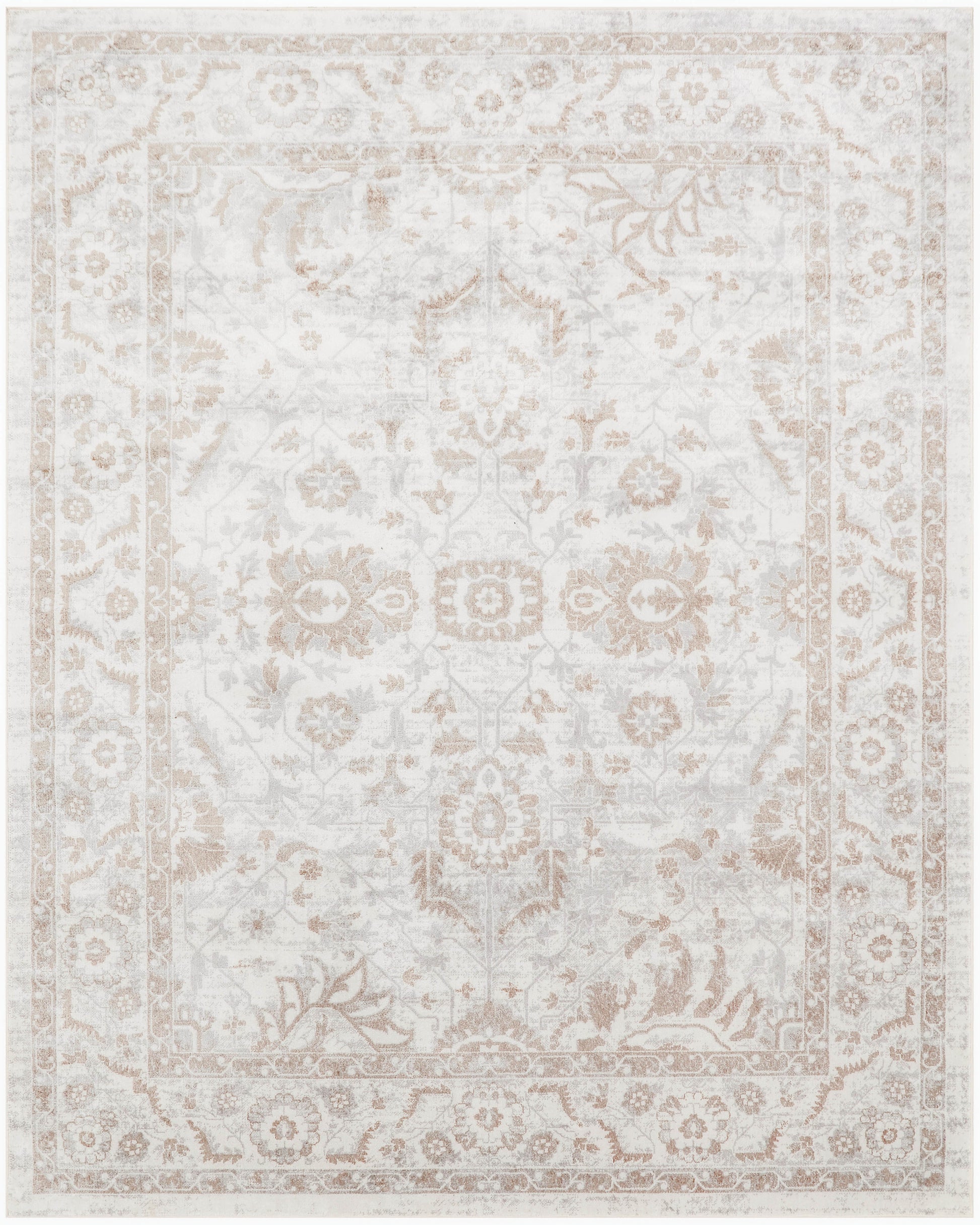 Cream and beige oriental rug with faded floral medallion and double border; vintage distressed look.