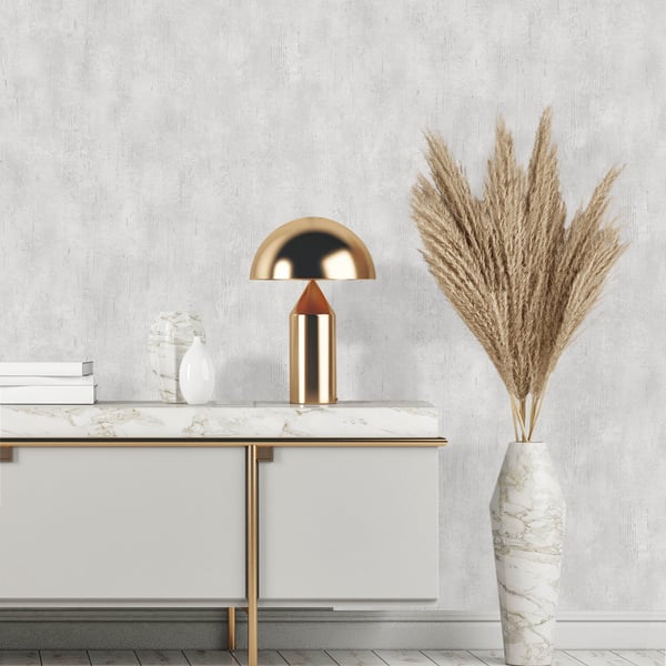 Gray industrial wallpaper with subtle metallic sheen and textured pattern.