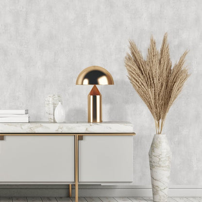 Gray industrial wallpaper with subtle metallic sheen and textured pattern.