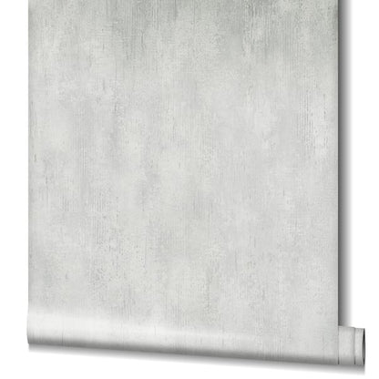 Light gray concrete-texture wallpaper roll with rolled edge, industrial modern wall covering.
