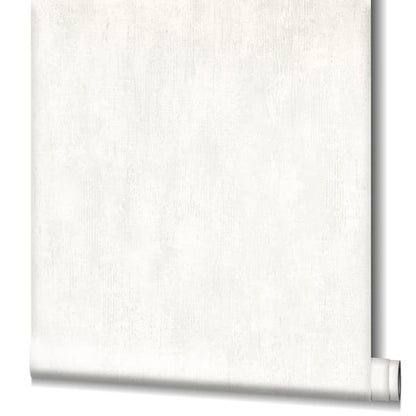 White textured wallpaper roll with subtle linen grain, slightly unrolled at bottom-right.