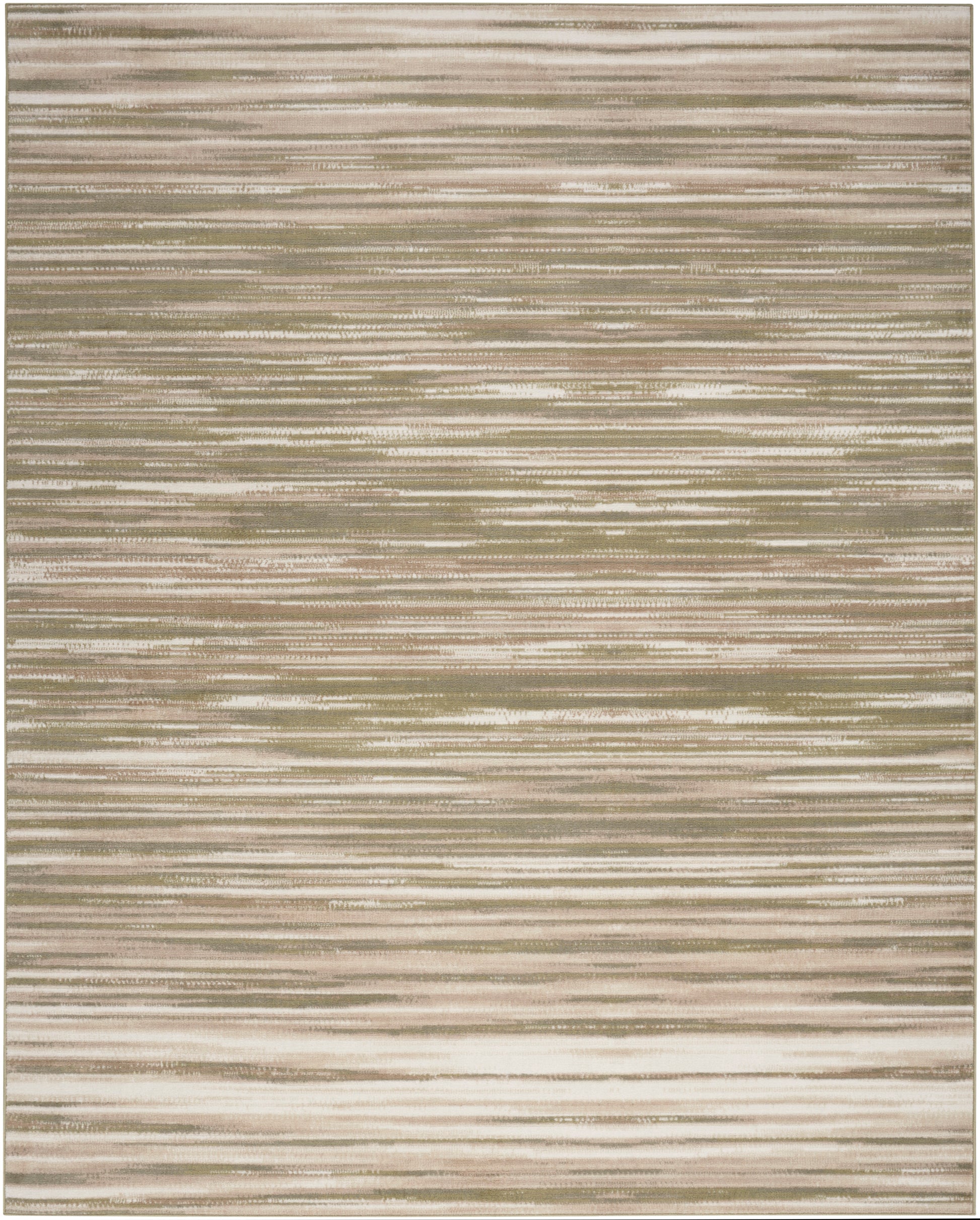 Neutral striped area rug with beige, taupe and cream horizontal bands, soft texture, modern minimalist style.