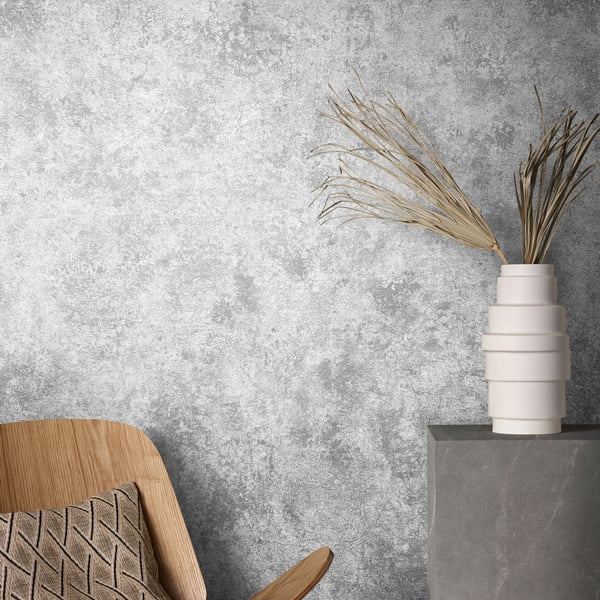 Silver-grey wallcovering with a subtle textured finish.
