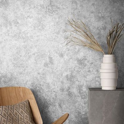 Silver-grey wallcovering with a subtle textured finish.