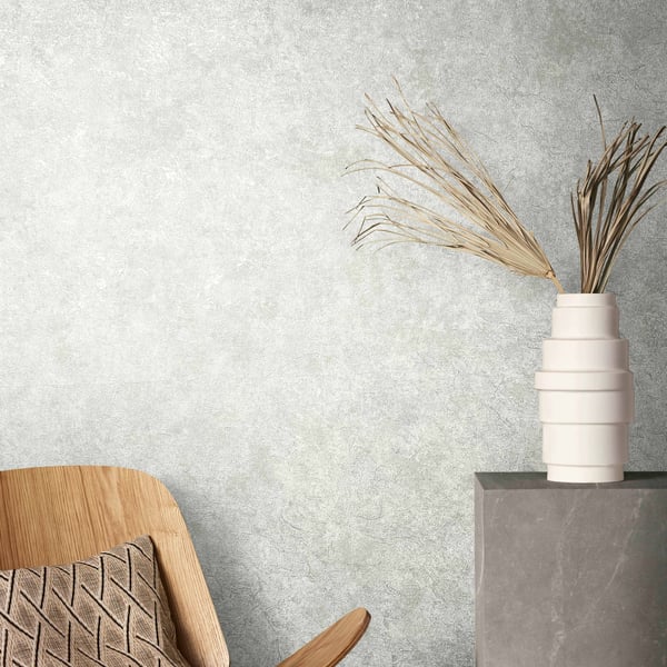 Silver Grey wallcovering on a wall in a minimalist living room.