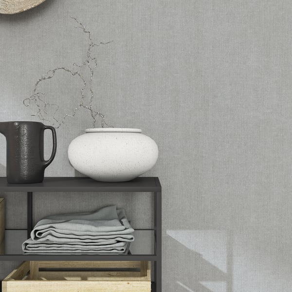 Silver grey wallpaper swatch with a textured finish.