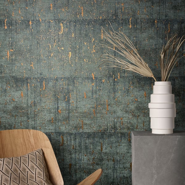 Black air-aged concrete wallcovering with a textured, cement-like finish.