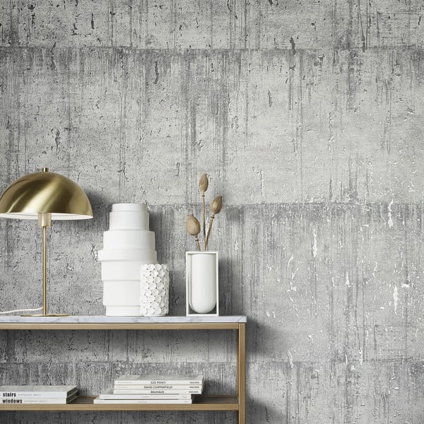 Textured concrete-look wallpaper in silver grey.
