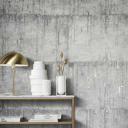 Textured concrete-look wallpaper in silver grey.
