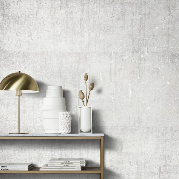 Silver Grey air aged concrete wallpaper with a textured, concrete-like surface.
