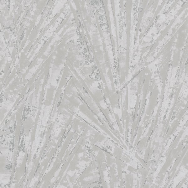 Light gray textured wallpaper with abstract white palm leaf pattern.