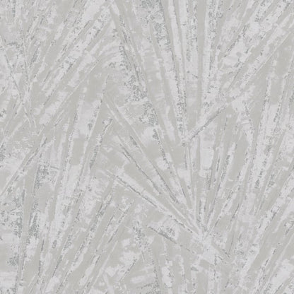 Light gray textured wallpaper with abstract white palm leaf pattern.