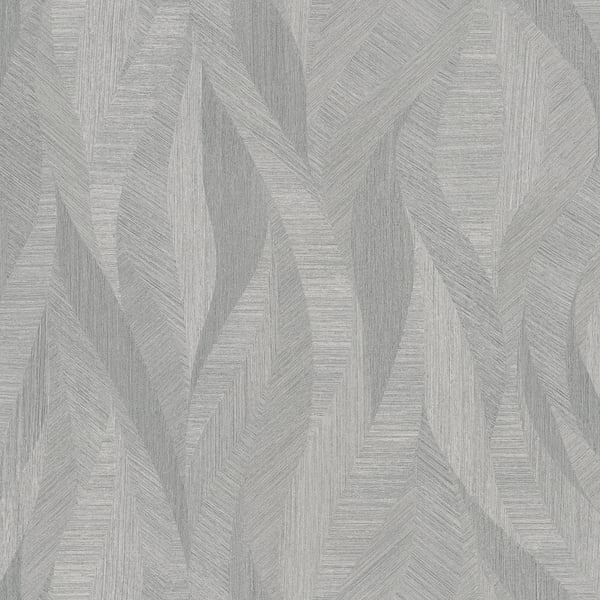 Grey textured wallpaper with an abstract leaf pattern; modern, muted wallcovering.