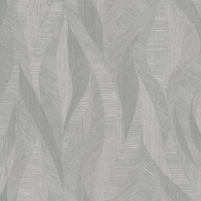 Grey textured wallpaper with an abstract leaf pattern; modern, muted wallcovering.