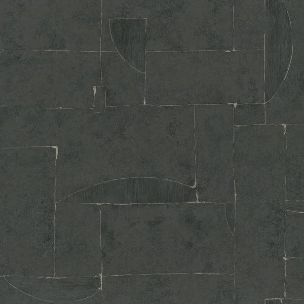 Dark slate-gray tile-like geometric wallcovering pattern with rectangular blocks and curved arc shapes.
