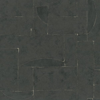 Dark slate-gray tile-like geometric wallcovering pattern with rectangular blocks and curved arc shapes.
