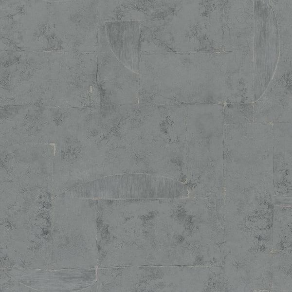 Gray wallcovering with a concrete tile-inspired pattern of rectangular panels and subtle weathered marks.