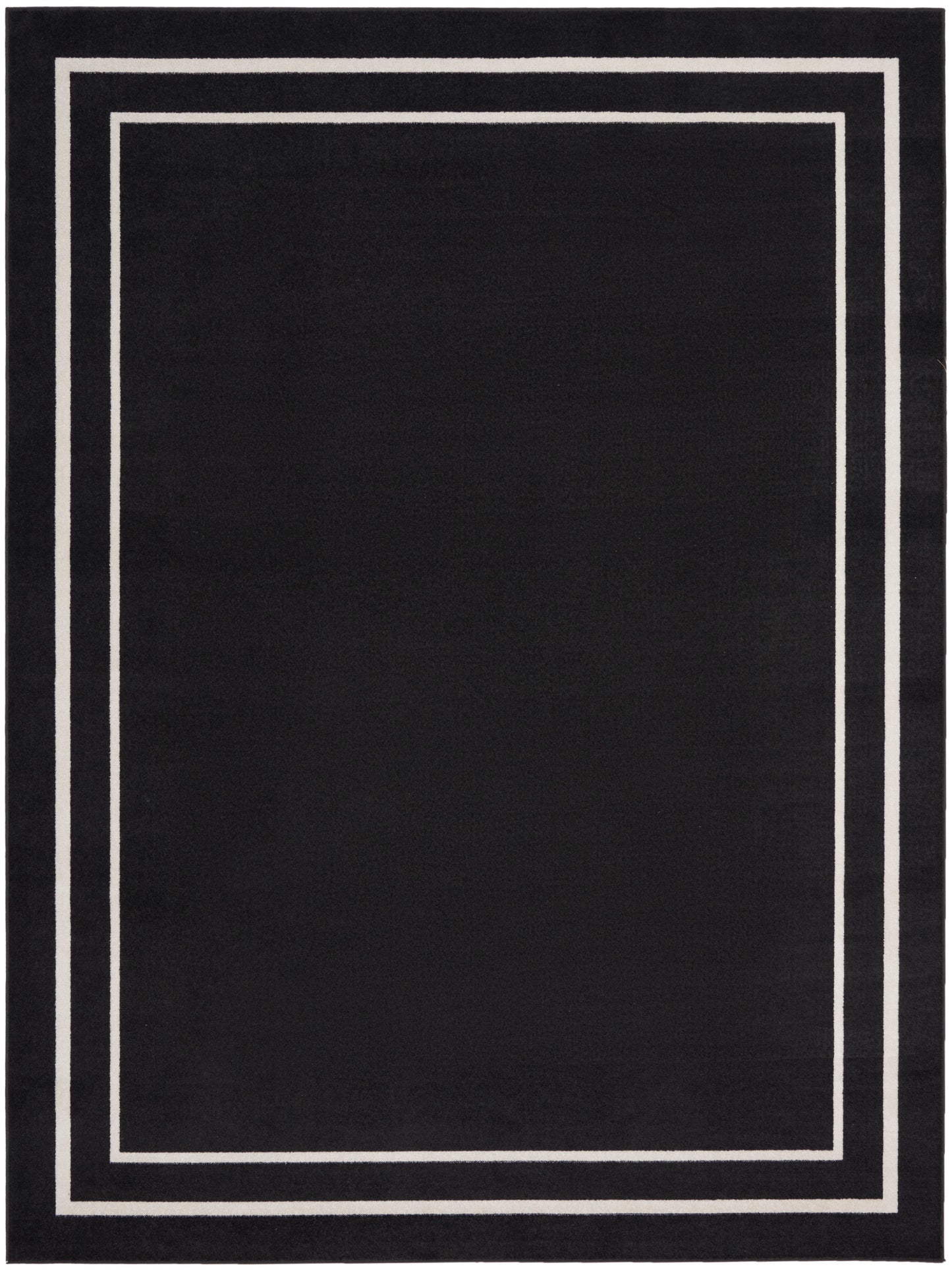 Black rectangular rug with white nested frame borders; modern geometric design for living room.