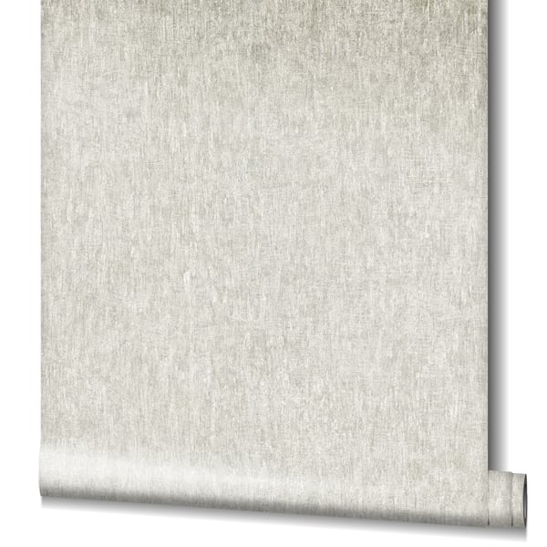 Cream linen-textured wallpaper roll with subtle mottled pattern, rolled at bottom edge.