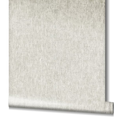 Cream linen-textured wallpaper roll with subtle mottled pattern, rolled at bottom edge.