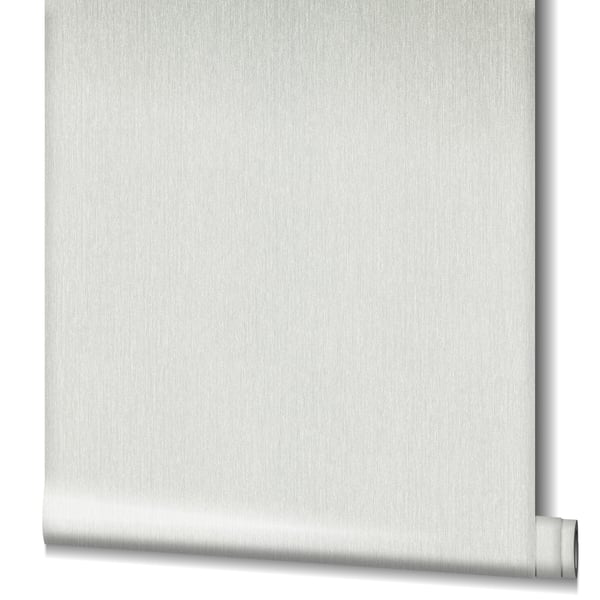Silver grey wallpaper with vertical stripe pattern and rolled bottom edge.