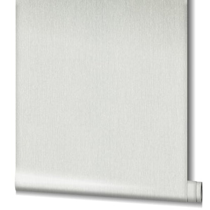 Silver grey wallpaper with vertical stripe pattern and rolled bottom edge.