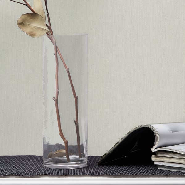 Light grey linen-textured wallpaper sample.