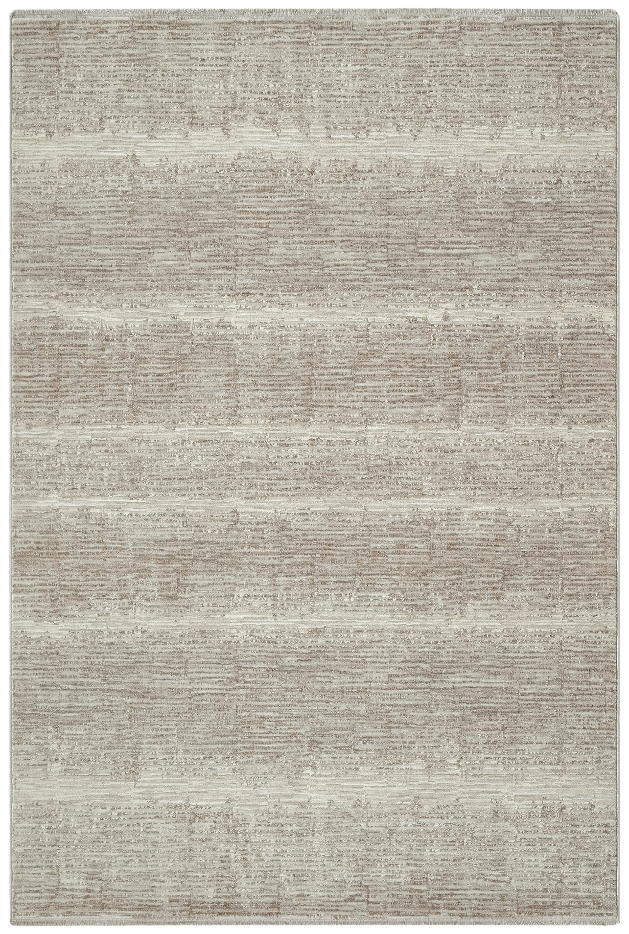 Neutral beige rug with creamy ivory and tan tones, subtle horizontal banded texture, rectangular and modern.