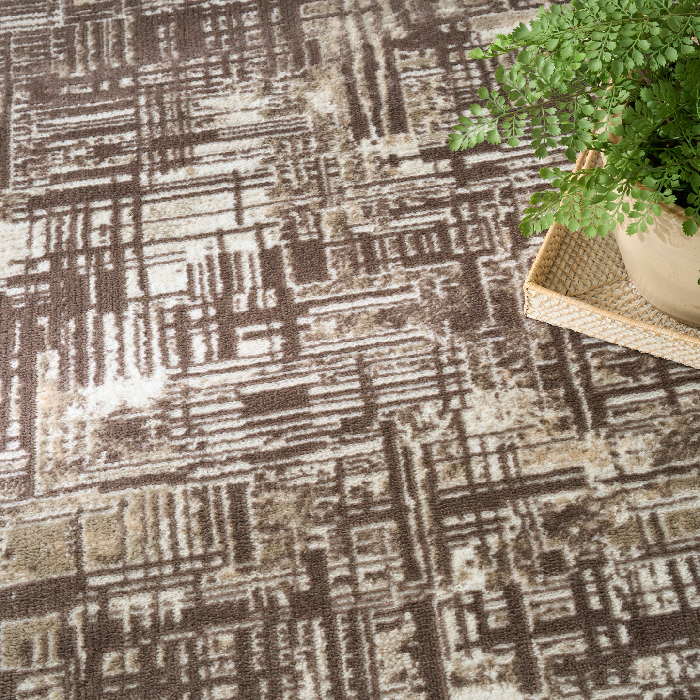 Brown & beige geometric patterned rug with a woven texture; potted fern on a wicker tray in the corner.