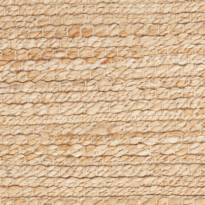 Natural beige woven jute texture with braided pattern; rustic mat suitable as placemat or rug.