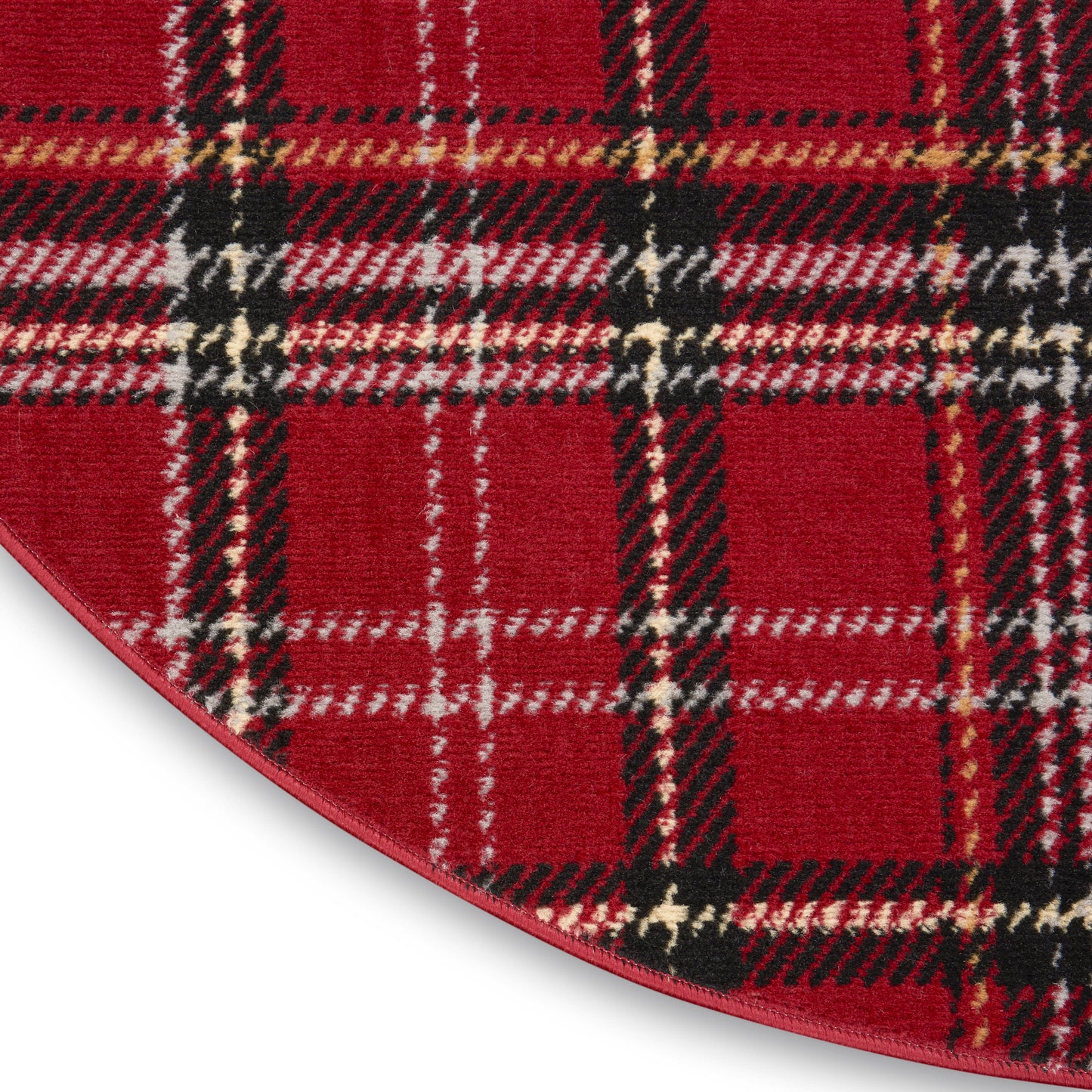 Red tartan round rug with black, white & beige plaid stripes; soft wool-like texture.