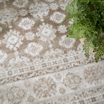 Beige oriental-style area rug with cream floral motifs and border; potted fern in a woven basket sits on edge.