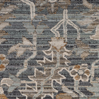 Blue, ivory, & taupe Persian-style area rug with botanical motifs & distressed pattern; rectangular, soft woven texture.