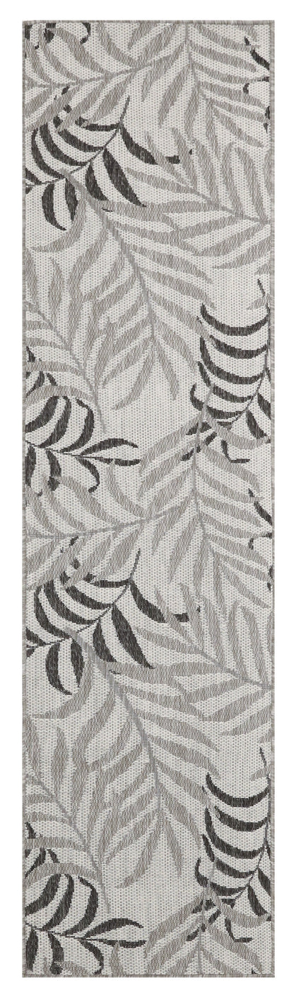 Gray fern leaf rug runner with overlapping monochrome leaves; rectangular textile suitable for hallways or living rooms.