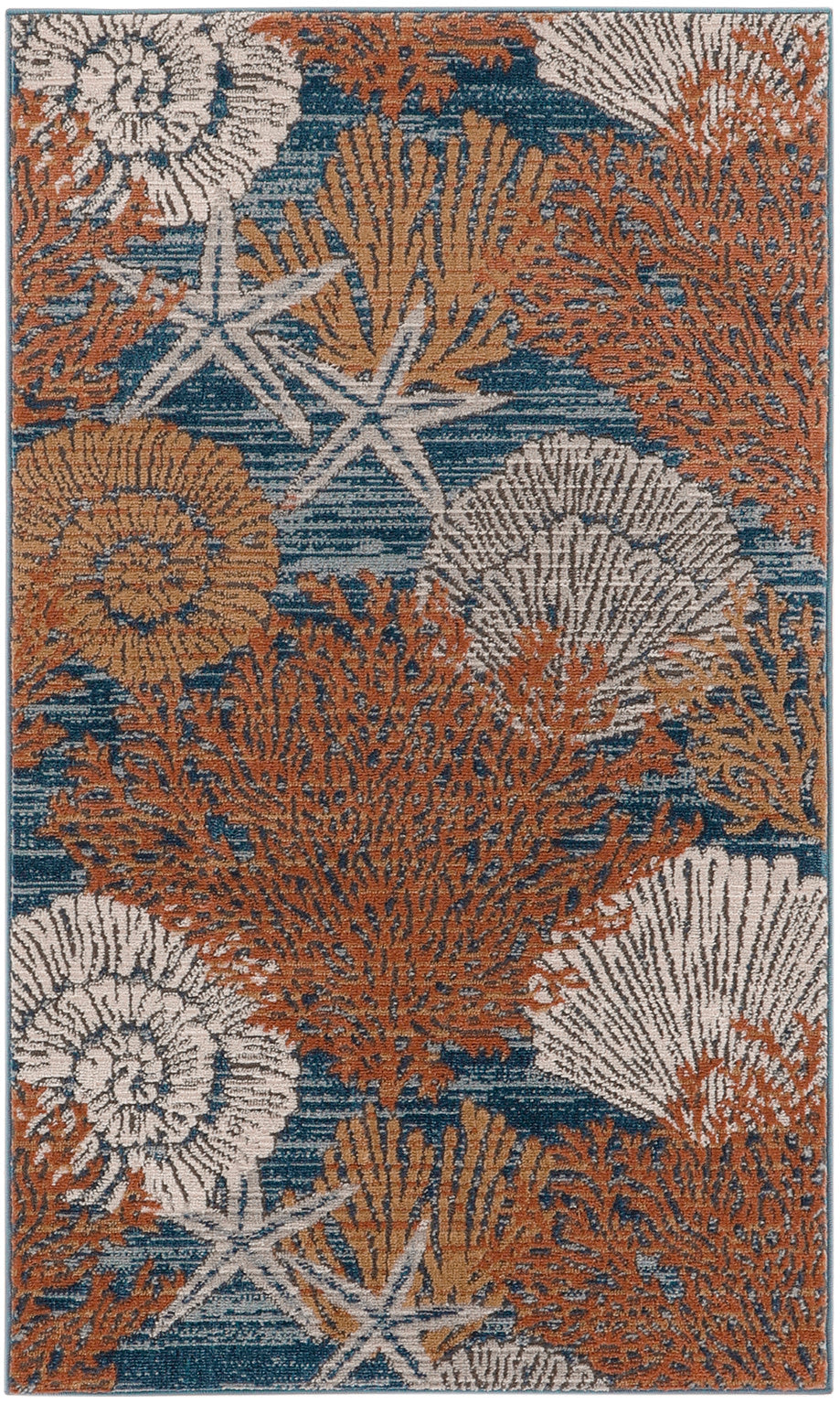 Rectangular coastal rug with blue backdrop, orange coral motifs and white shell accents; textured woven look.