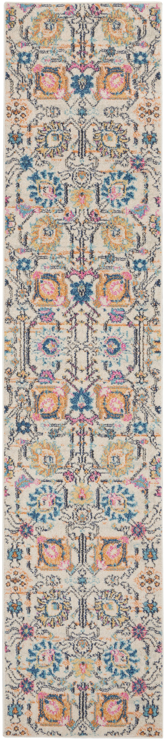 Colorful Persian-style runner rug with intricate floral medallions in blue, pink, teal, and orange on cream.