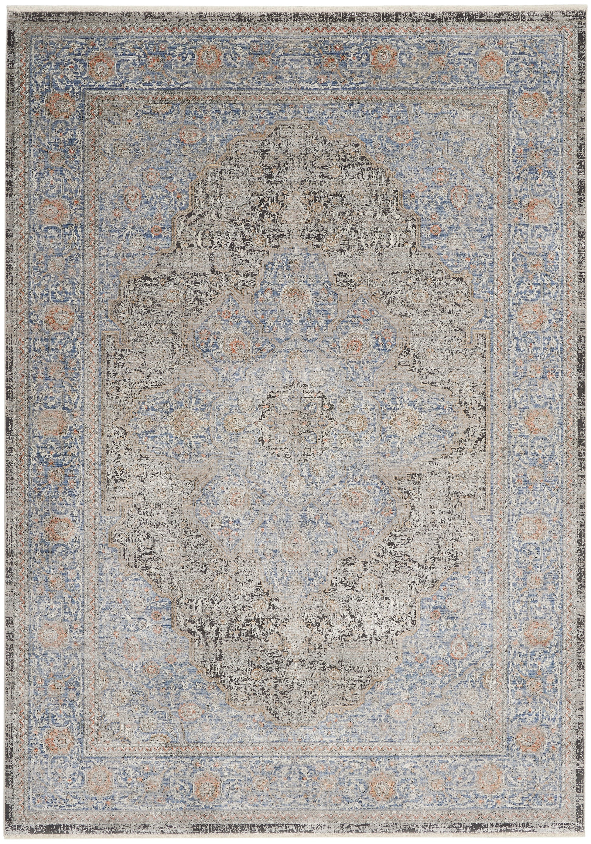 Distressed blue-beige oriental rug with central medallion & ornate floral border.